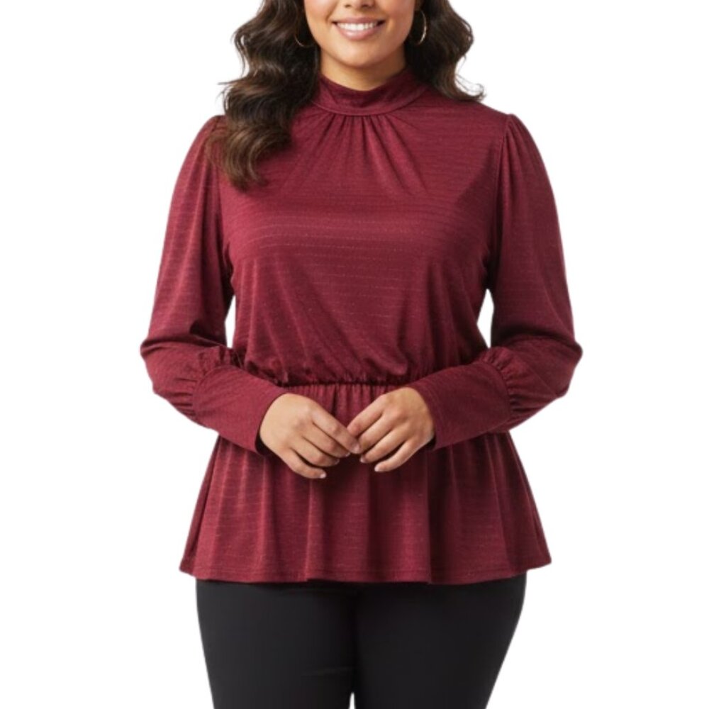 Lane Bryant Burgundy Metallic Shimmer Peplum Top Mock Neck Size 18/20